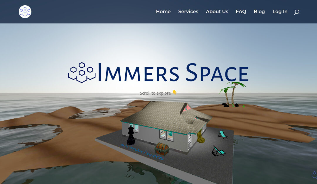 screenshot of a web page. The page has a header banner with navigation items. The rest of the page is filled with a 3D render of a house on a sand bar in a vast ocean. Overalaid on the image is the text, Immers Space - scroll to explore